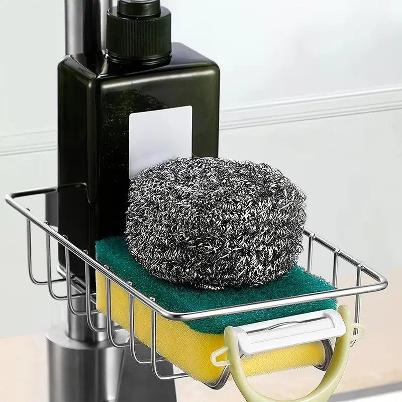 Faucet Sponge Holder, 1 Count Stainless Steel Sink Drain Storage Rack, Multifunctional Household Kitchen Organizer 1