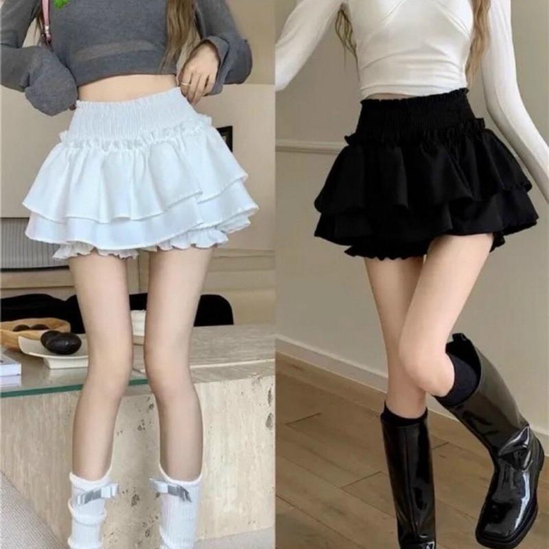 Chân váy coquette 2 tầng trắng đen bèo xòe ngắn phồng chất đũi lưng chun có quần bảo hộ CV039 ruffle skirt xoè Nữ Women Ren