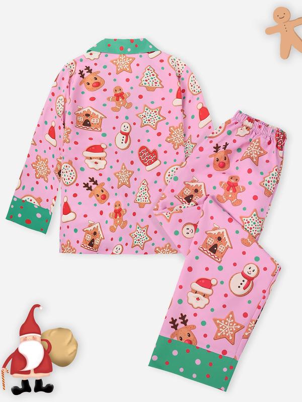 Women's All Over Cartoon Print Loungewear Set, Fashion Lapel Collar Button Front Blouse & Elastic Waist PJ Pants, Women's Sleepwear for Fall, Valentine's Day Gift for Girl 6