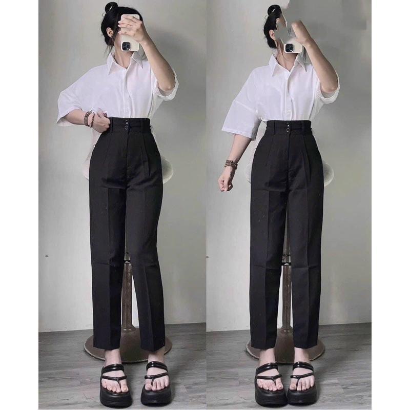 Quần baggy nữ đi học 2 khuy nút cúc dọc cài lưng cao dáng quần tây vải nữ học sinh cấp 3 dày co giãn nhẹ đi học làm công sở Ong Women Pants Voan