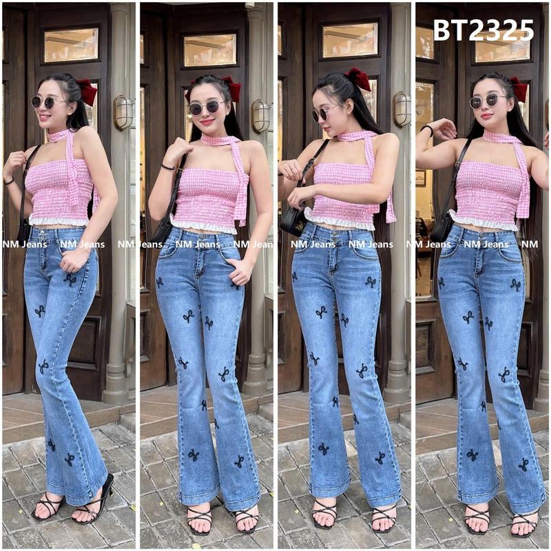   98-100cm  Quần jean nữ ống loe thêu nhiều kiểu NM Jeans chất co giãn size 40-75kg 2 màu- Pants Women 