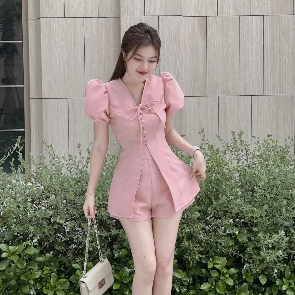 S88 Set tay phồng xốp nút vàng thắt nơ quần đùi Nữ Women Nhung Áo