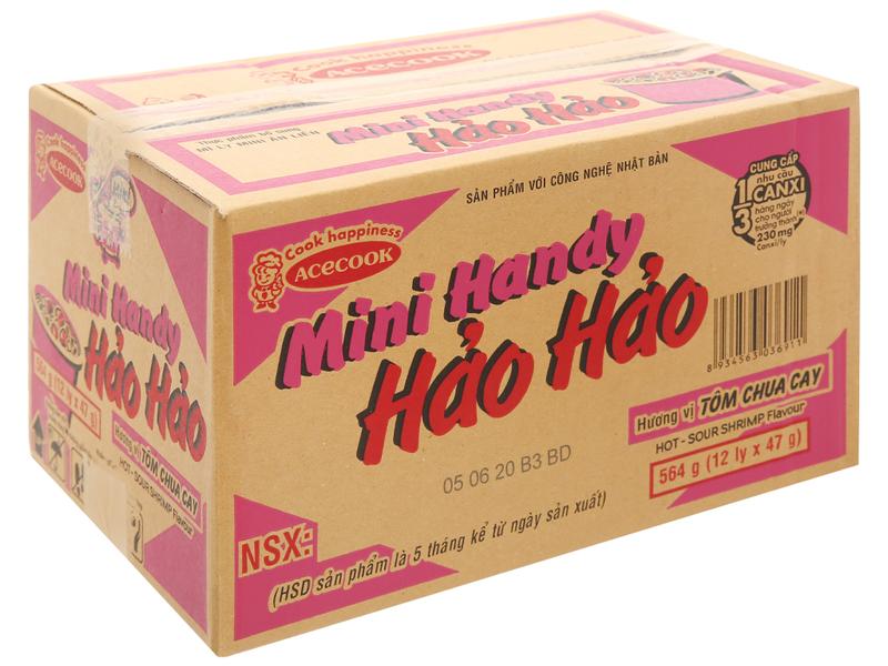 Thùng 12 Ly Mì Hảo Hảo Mini Handy Tôm Chua Cay 47 gram Vị Chua Vị Chua
