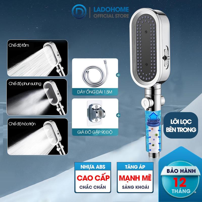 [LADOHOME] Vòi sen tăng áp 3 chế độ có đầu xả lớn có lõi lọc LH-9007 + kèm giá treo, ống nước TPR silicon siêu bền
