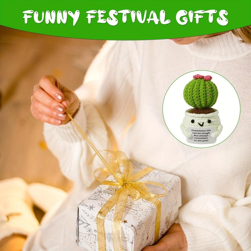 Cactus Design Crochet Ornament, 1 Count Mini Creative Handmade Knitted Cactus Toy with Positive Card, Decorative Flower for Home Office Dormitory School Living Room Desktop 3