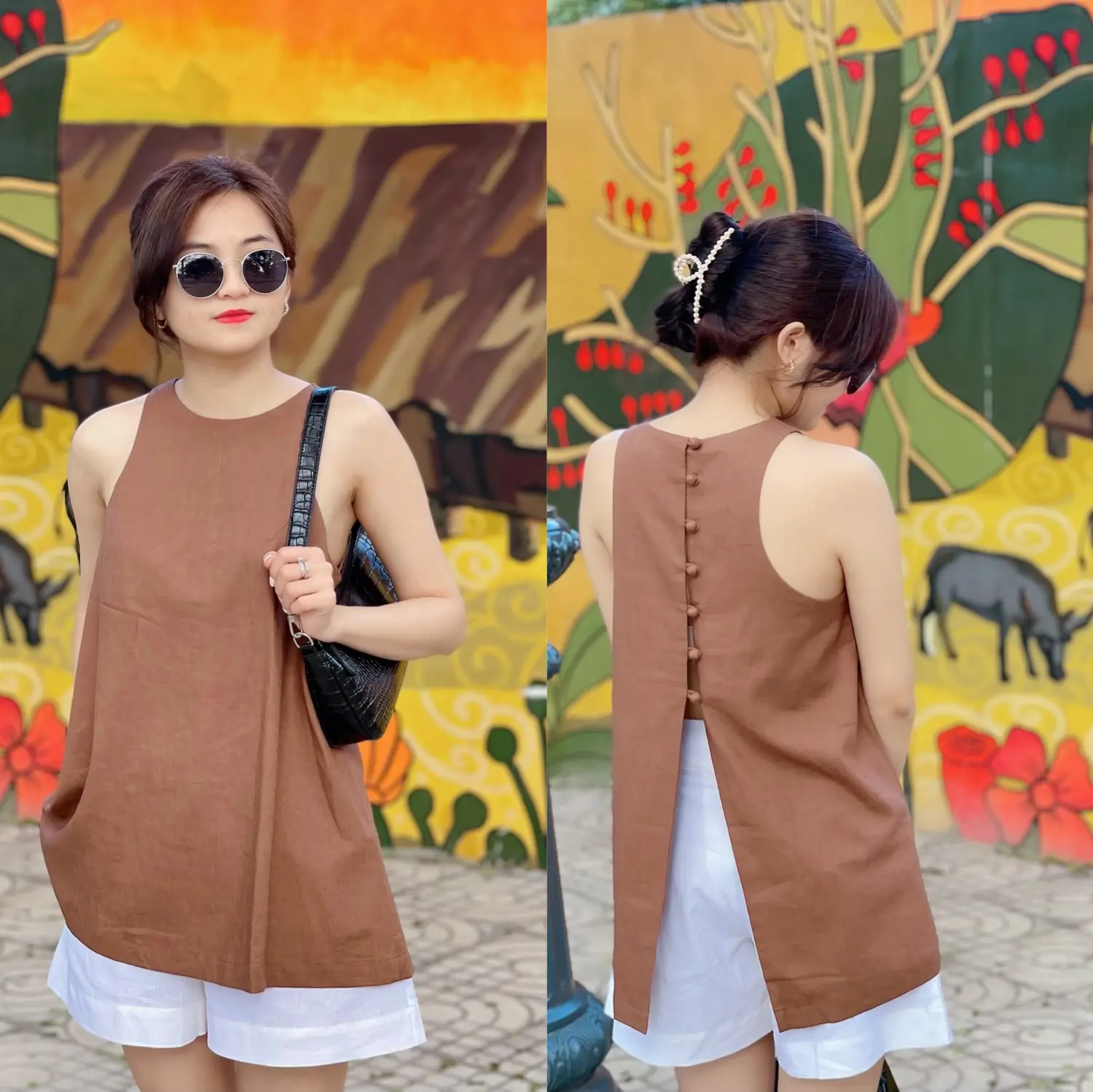Áo sát nách 7 cúc, Áo Yếm, thiết kế form A , nút bọc và phần xẻ lưng linen (ảnh chính chủ shop chụp)