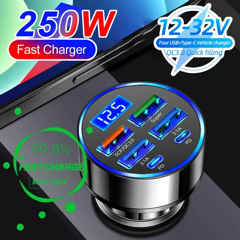 Bộ sạc ô tô, 66-250W PD, Sạc nhanh QC3.0, Một đến sáu phích cắm bật lửa ô tô, Sạc Lung Linh với màn hình kỹ thuật số, Tương thích với ô tô