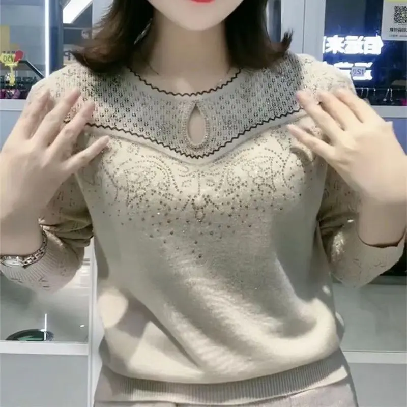 Thời trang nữ，Đồ Len Cao Cấp, Thời Trang, Dành Cho Phụ Nữ, Mùa Xuân Và Mùa Thu, Hàng Mới Về, Mẹ TRUNG NIÊN Dáng Rộng Rãi Và Mỏng, Tay Áo Dài Đính Kim Cương Giả, Áo Len Nữ Thanh Lịch