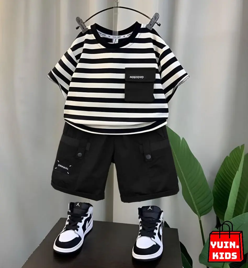 Setelan Anak Laki-laki Hostoyo Salur untuk Usia 1-5 Tahun - Kaos dan Celana Pendek Cargo Anak - Fashion, Anak-Anak