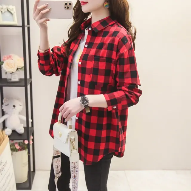 Kemeja Flanel Wanita Lengan Panjang Motif Kotak Best Seller Atasan Casual Baju Oversize Top 8