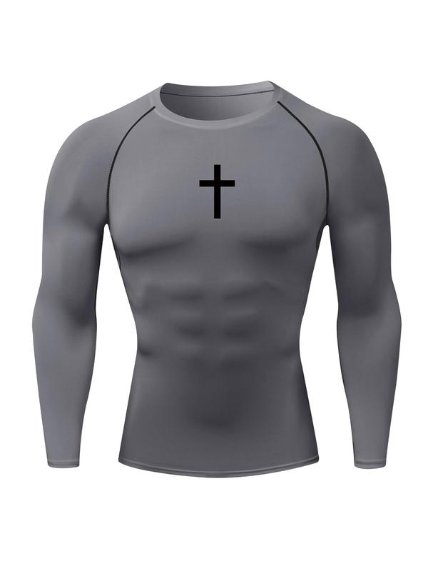 Men's Cross Print Round Neck Sports Tee, Tight Sporty Quick Drying Breathable Long Sleeve T-shirt, Men's Sportswear for Spring & Fall Gym Workout, Graphic Tees, Workout Clothes 1
