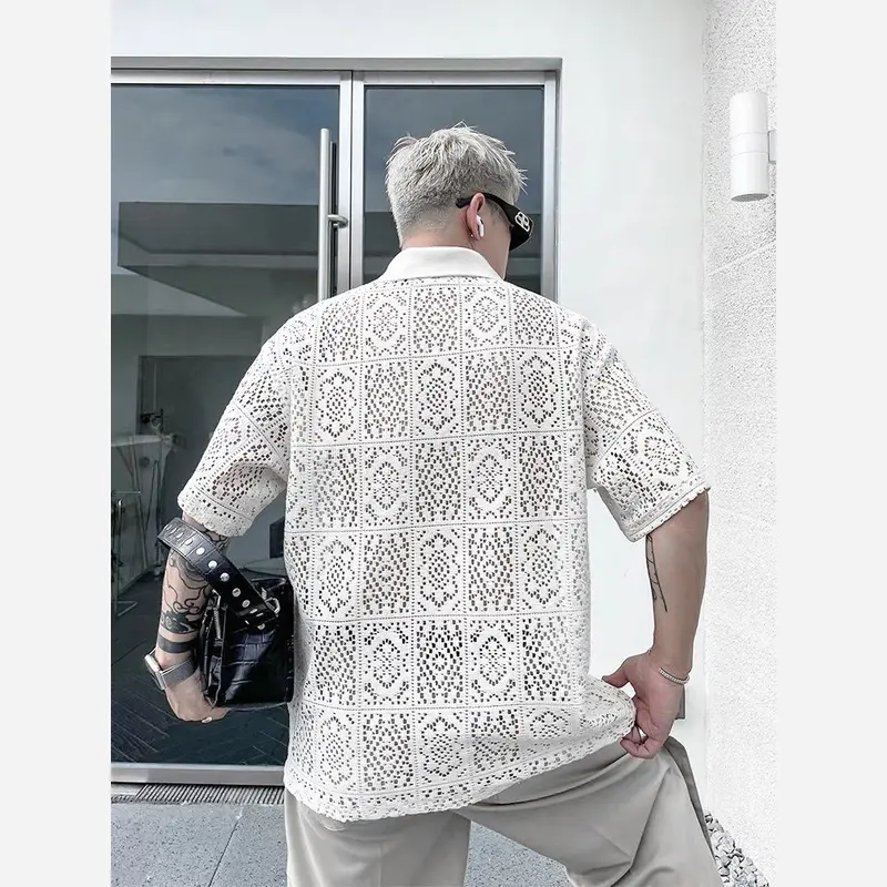 Áo polo ren nam tay lỡ form rộng xuyên thấu màu trắng kem 3
