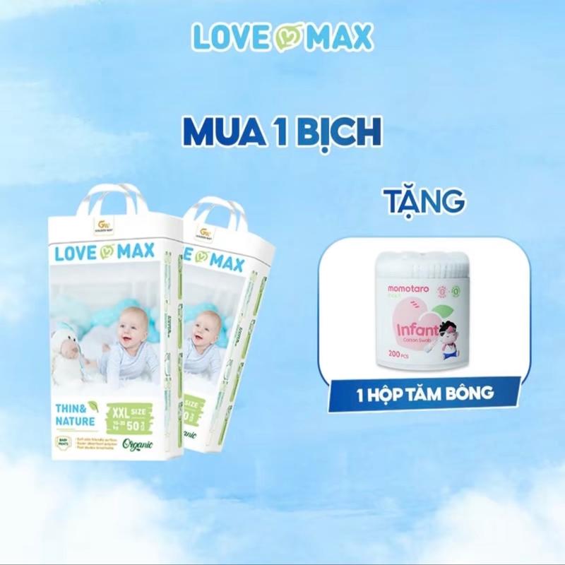    1Bịch + Quà   Tã bỉm quần LOVE MAX ORGANIC cao cấp đủ size M-5XL  50miếng  thấm hút tốt chun mây mềm mịn. Cho Bé Voi 