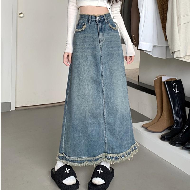 Chân váy Nữ Dáng Dài Jeans chữ A tôn dáng thiết kế Tua Gấu, C22 Nữ Top Women Chân Váy Jeans