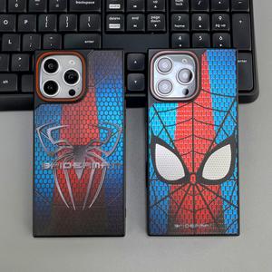 เคสโทรศัพท์ , บล็อกสีชุบสังกะสีสี่เหลี่ยม, เคลือบเงิน, การออกแบบแมงมุมการ์ตูน, อินเทรนด์และสร้างสรรค์, ฝาครอบกันกระแทก, เข้ากันได้กับ 16, 15, 14, 13, Pro Max