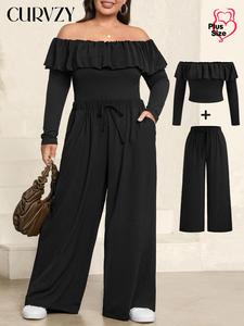 CURVZY Plus Size Two-Piece Set Off Shoulder Ruffle Trim Blouse & Elastic Waist Wide Leg Pants, Elegant Long Sleeve Top & Tie Front Trousers for Work Office Business, Women's Clothes for Spring Fall