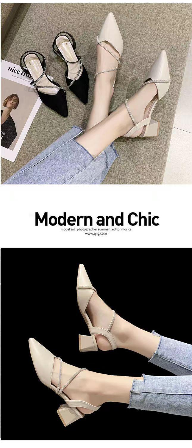 Product Introduction of Women's Sandals Summer Mid Heel Pointed Toe Pumps Closed Toe Chunky Heel Rhinestone Women's Shoes Word Buckle High Heels 9