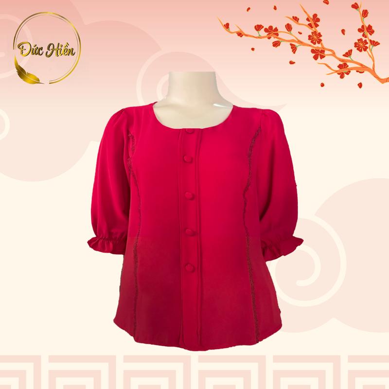 ÁO NỮ TRUNG NIÊN LỤA TẦM Ý ĐÍNH NÚT SANG TRỌNG Top Sơ Mi Women Kem Đen Cotton Cổ tròn Thông thường 2