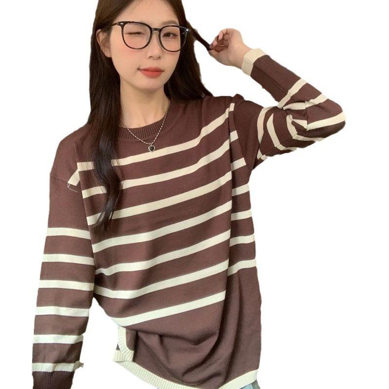 Sweater rajut lengan panjang untuk wanita, gaya kasual, Retro, berjalur ...