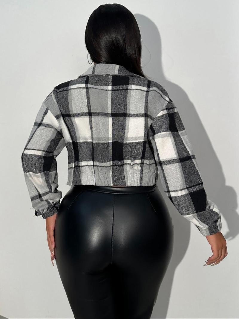 Product Introduction of Women's Plaid Print Zip Up Pocket Crop Jacket, Casual Long Sleeve Collared Outerwear for Daily Wear, Ladies Clothes for All Seasons 2