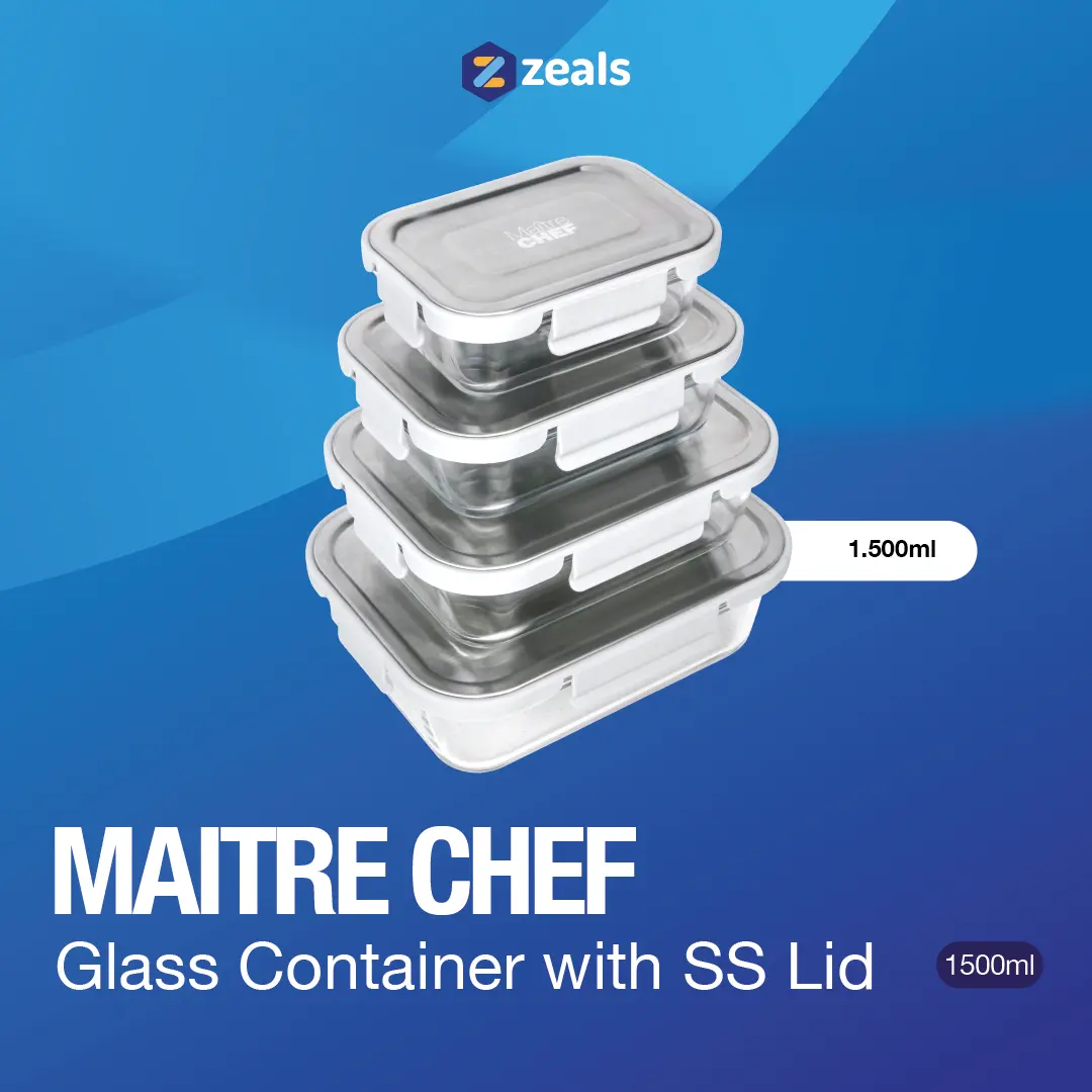 MAITRE CHEF 1500ml Glass Container with SS Lid / Wadah Kotak Tempat Kontainer Penyimpanan Makanan