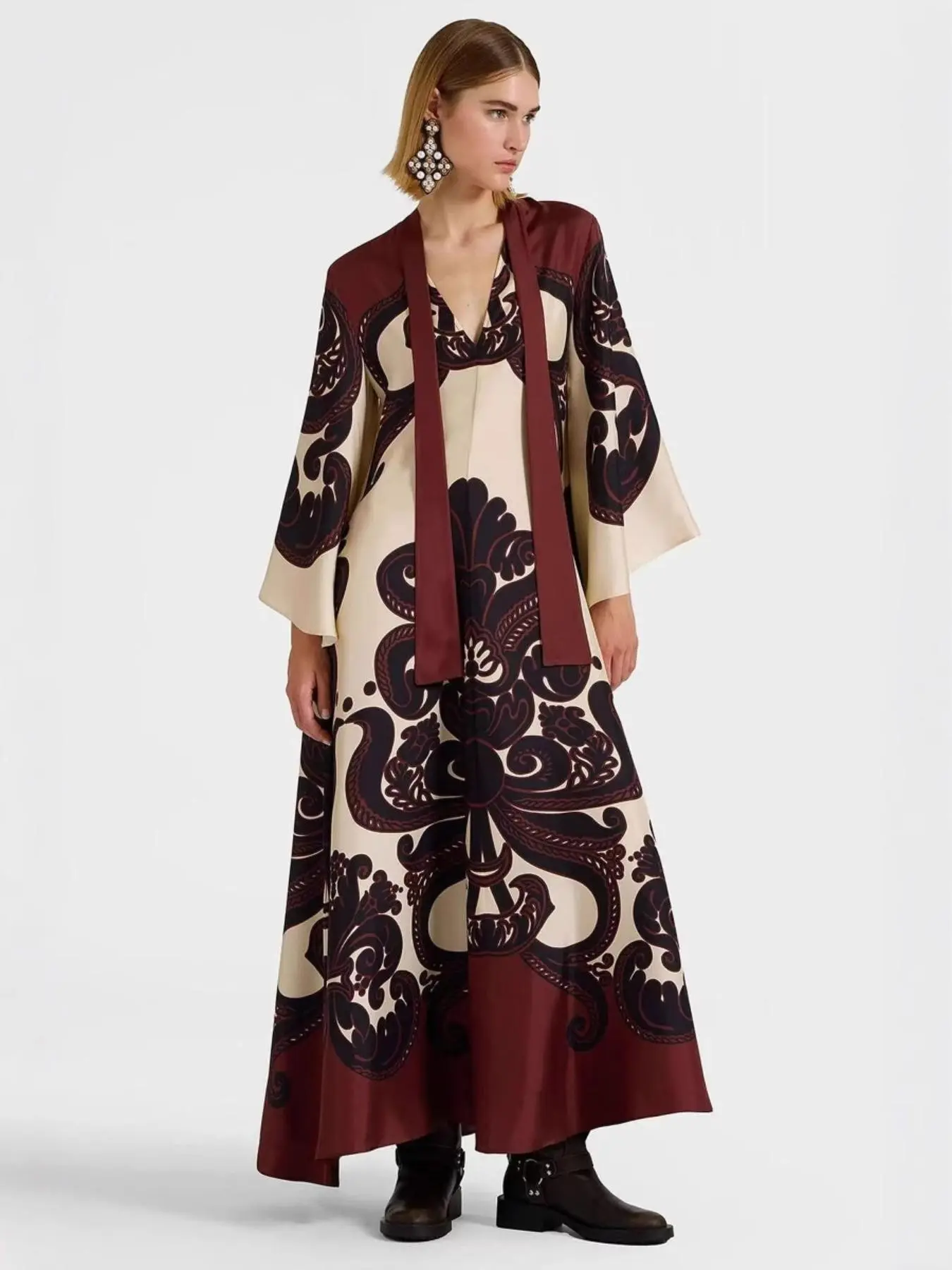 Women's All Over Print  Tie Neck Long Sleeve Dress, Boho Fashion  Dress for Daily Holiday Vacation Wear, Women Dress for Spring Fall