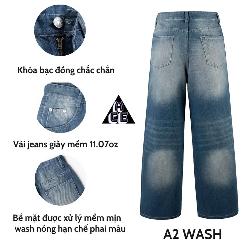 Quần Jeans Wash Cạp Cao Ống Rộng Unisex - Đẹp Tôn Dáng, 4 Màu Cho Nam Nữ Menswear Ong 2
