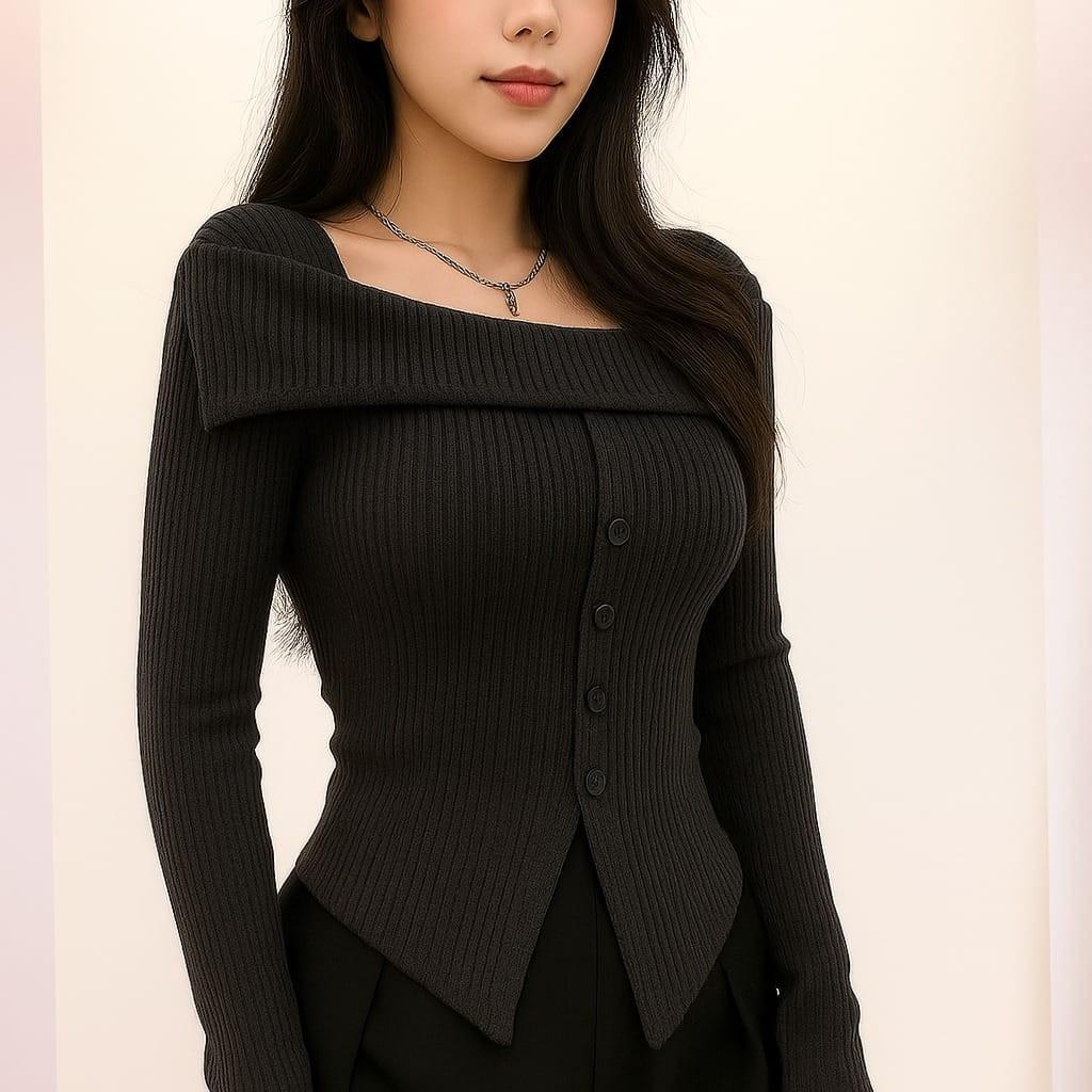 Sabrina Top Kancing Elegan Atasan Polos Knite Rib Panjang