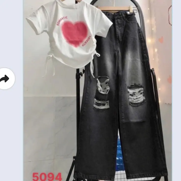 Set Baggy Jeans Ốn Rộng Nữ Đai Nút Xám Rách mix Croptop Rút Dây Tim