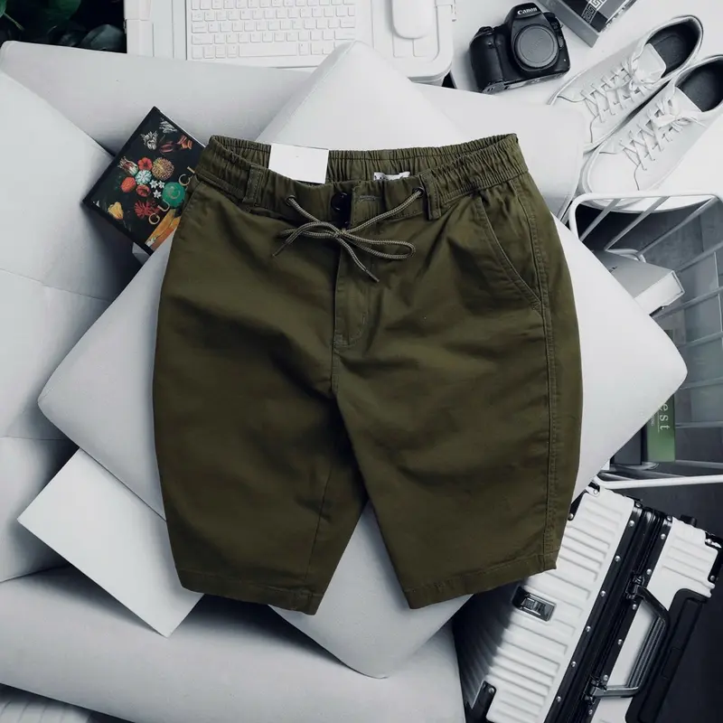 Quần short kaki co giãn  Quần Lửng Có Túi Menswear Nam Cạp Cao Lưng Cao, day kéo khoá đồng 4