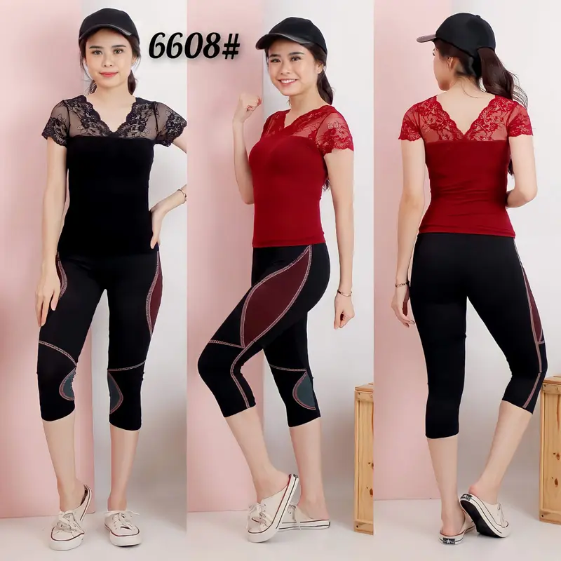 Alycia Ols - Setelan Baju Senam / Celana Legging 7/8 Olahraga / Atasan Kaos Tile Renda Olahraga / Senam Wanita Import 0
