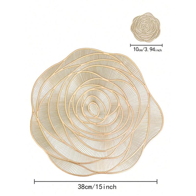 8pcs/set Gold Hollowed-out Rose Pvc Place Mats And Coasters, Washable, Easy To Clean, Wipeable, Slip-resistant, Heat-resistant, Suitable For Dining Table, Holiday, Wedding, Party Decoration Tableware 5