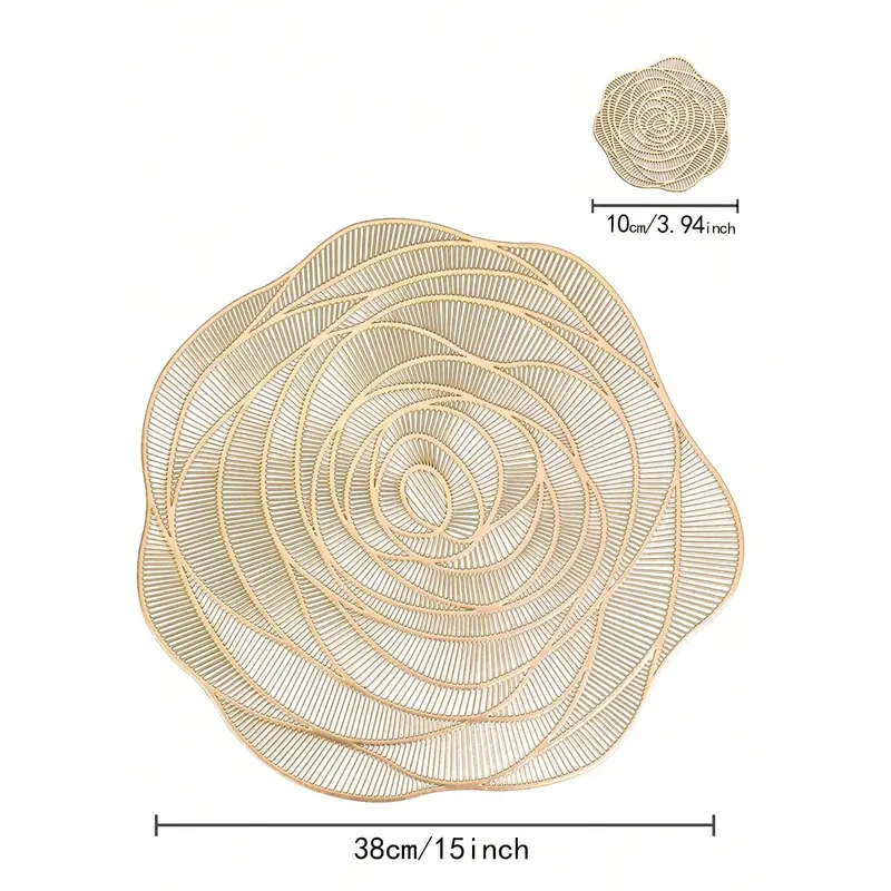 8pcs/set Gold Hollowed-out Rose Pvc Place Mats And Coasters, Washable, Easy To Clean, Wipeable, Slip-resistant, Heat-resistant, Suitable For Dining Table, Holiday, Wedding, Party Decoration Tableware 5
