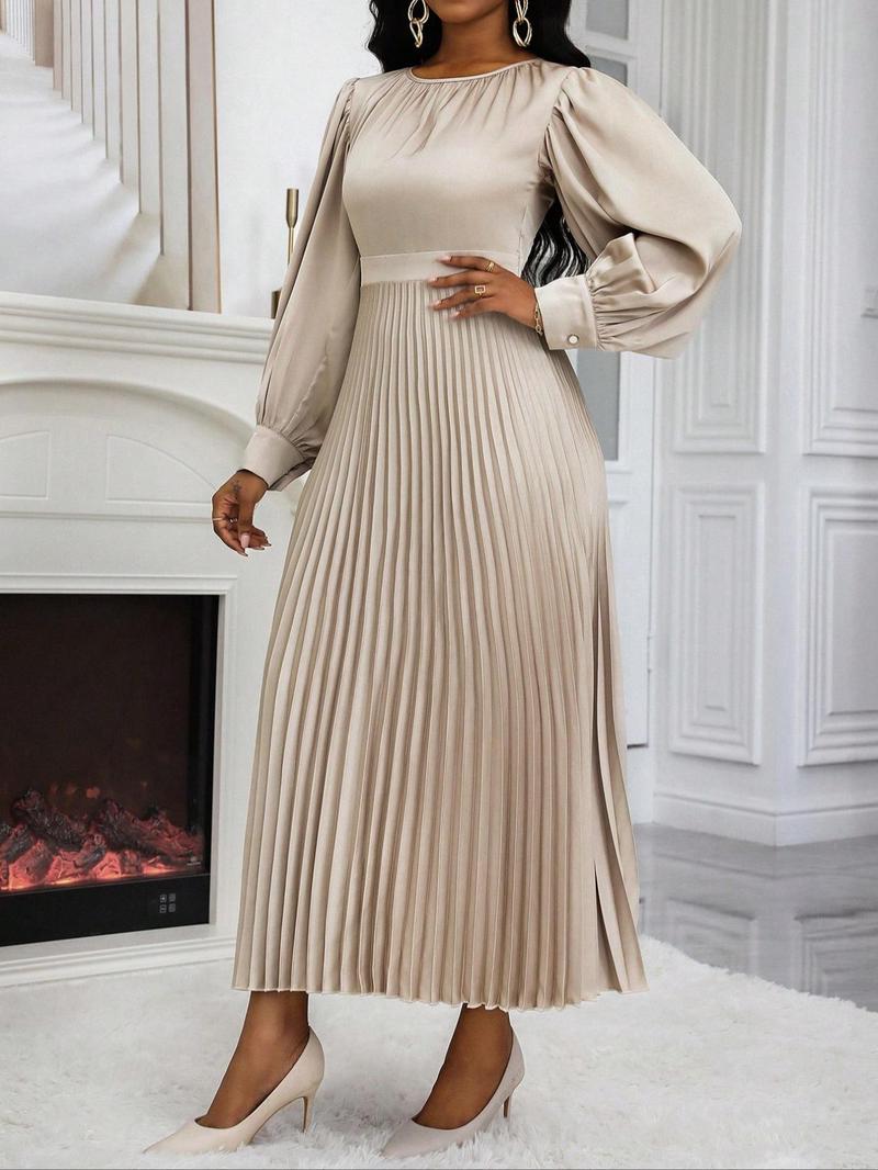Product Introduction of Women's Plain Ruched Pleated A Line Dress, Elegant Bishop Sleeve Round Neck Long Dress for Party Holiday Wedding Guest, Ladies Spring & Fall Clothes 4