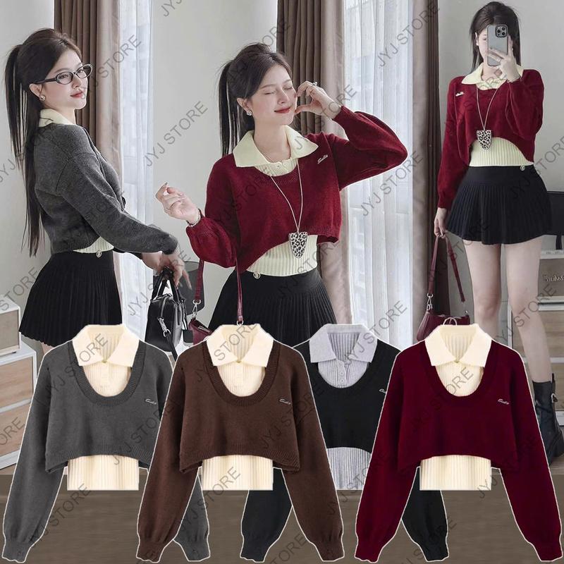 Set áo len nữ 2 món chi tiết, 2 lớp, dáng ngắn ôm, dài tay phồng gồm áo sát nách cổ polo và áo croptop sweater dệt kim