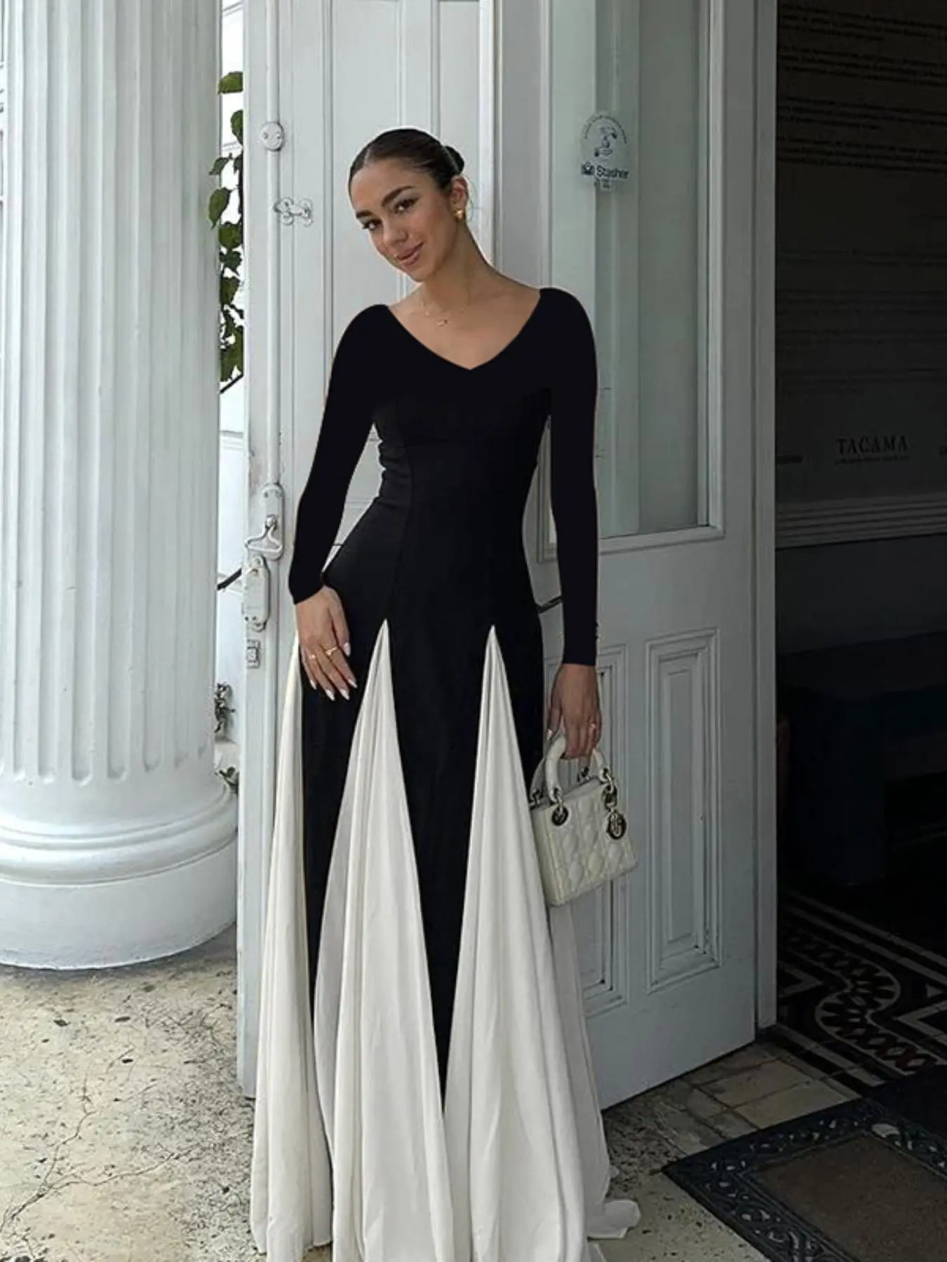 Women's Colorblock V Neck A Line Dress, Elegant Long Sleeve Maxi Dress for Party Holiday Wedding Guest, Dresses for Women, Ladies Fall & Winter Clothes