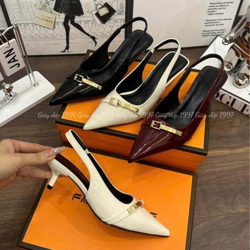 Giày cao gót 3p mũi nhọn da bóng nhẹ đai khoá chéo quai hậu hàng full hộp ( TA45 )