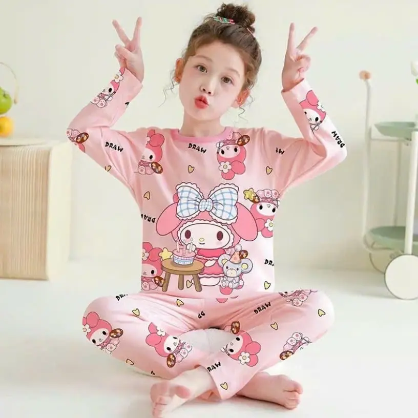 Bộ đồ ngủ pizama in hình dễ thương cho bé gái  (10-45kg) chất thun mềm set đồ quần áo set đồ  bé gái Voi Kem