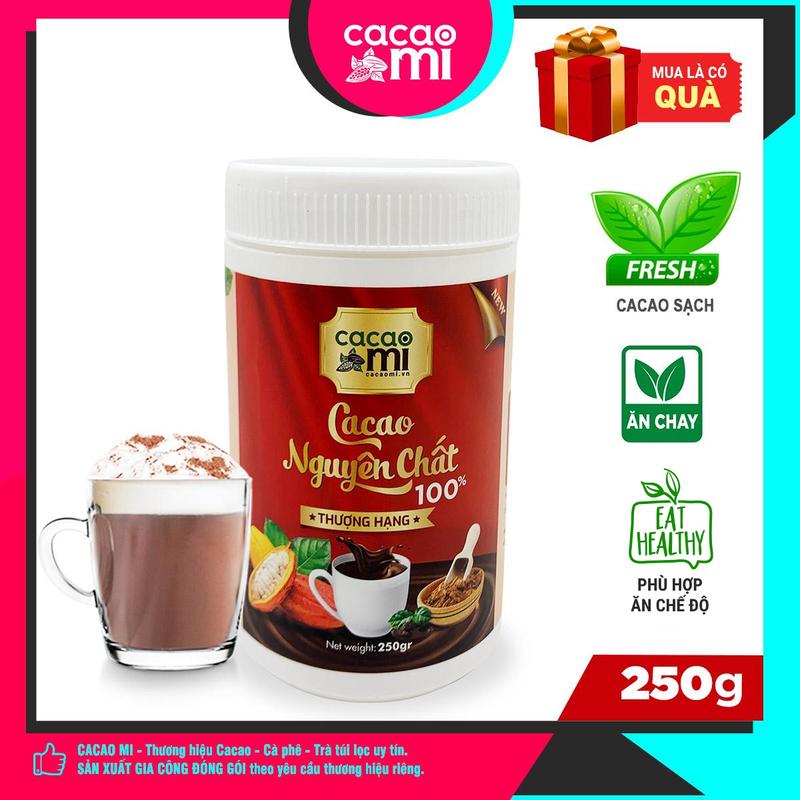 Bột cacao nguyên chất tự nhiên không đường, không chứa sữa CACAOMI thượng hạng chuyên pha chế đồ uống sô cô la, cà phê, trà sữa, sữa chua, phù hợp ăn chay hũ 250g cacao tách béo