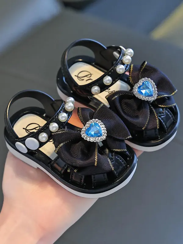 Baby Girl's Elegant Heart Decorated Bow Design Sandals, Cute Comfortable Princess Shoes for Daily Wear, Fashionable Shoes for Toddlers 6
