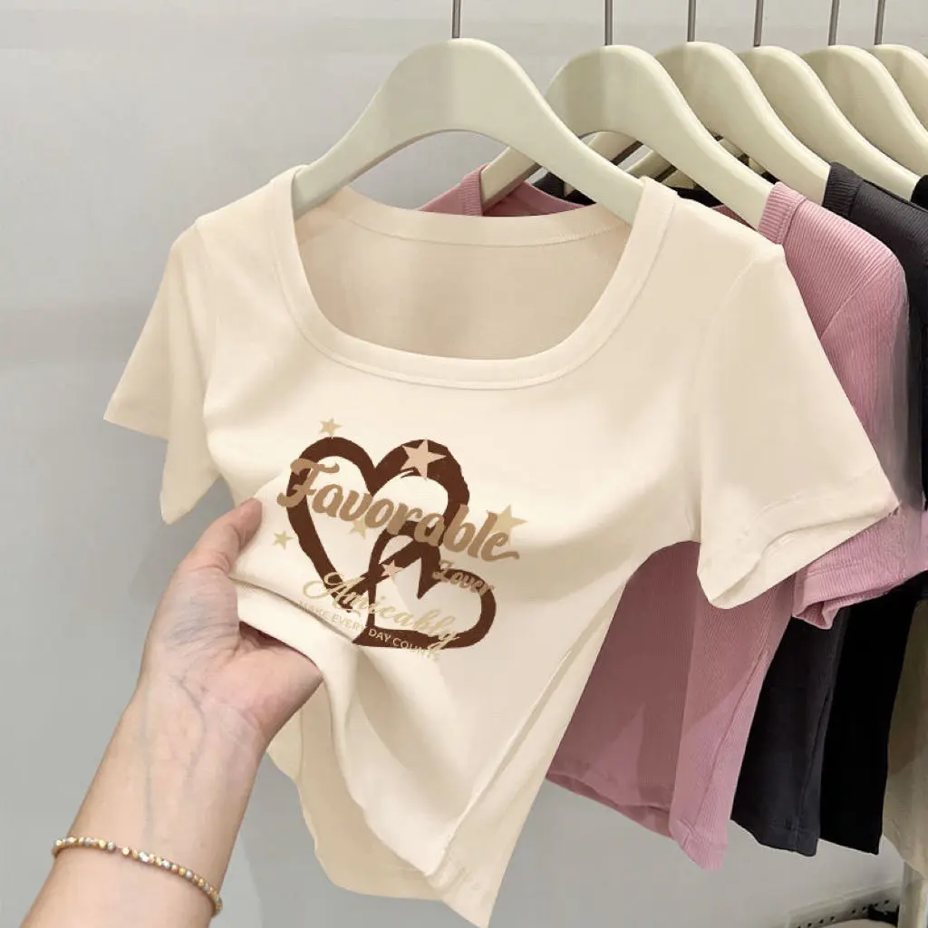 Baju Atasan Lengan Pendek, Leher Persegi Berusuk, Gaya Korea, Baju-T Komuter, Untuk Wanita, Pakaian Musim Panas, Ketibaan Baru, Comel dan Seksi, Atasan Pendek Mewah, Jualan Panas
