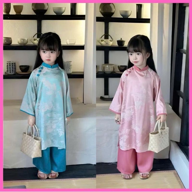 ÁO DÀI TẾT BÉ VÀ MẸ GẤM TƠ TẰM CAO CẤP PHỐI CÚC VAI SIÊU XINH CÁCHB ĐIỆU TẶNG KÈM VÒNG CỔ 3