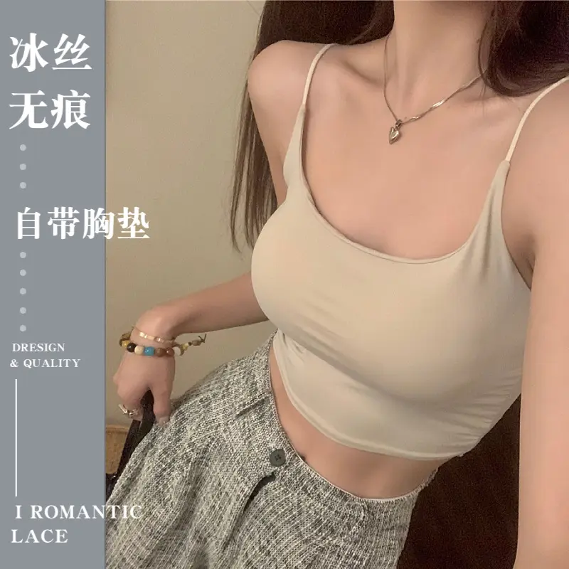 Áo Vest Liền Mạch Lụa Lạnh Nâng Ngực, Phong Cách Hàn Quốc, Gợi Cảm Và Dễ Thương, Hai Dây Liền Mạch, Lưng Đẹp, Có Đệm Ngực, Áo Ống, Có Thể Mặc Ngoài Đồ Lót 3