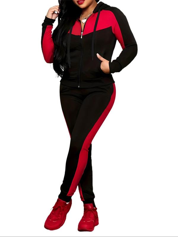 Two-piece Set Women's Colorblock Zip Up Hoodie & Pocket  Pants, Casual Long Sleeve Hooded Sweatshirt &  Jogger Pants for Daily Wear, Ladies Fall & Winter Clothes 4
