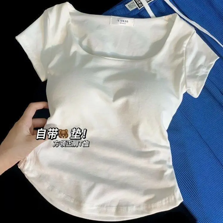 Áo Phông Vai, Cổ Vuông, Có Đệm Ngực, Áo Ngắn Tay Nữ, Trang Phục Mùa Hè, Thiết Kế Đẹp, Độc Đáo, Phong Cách Ngọt Ngào Và Nóng Bỏng, Thích Hợp Cho Các Cô Gái Mỏng Và Ngắn, Ngực To