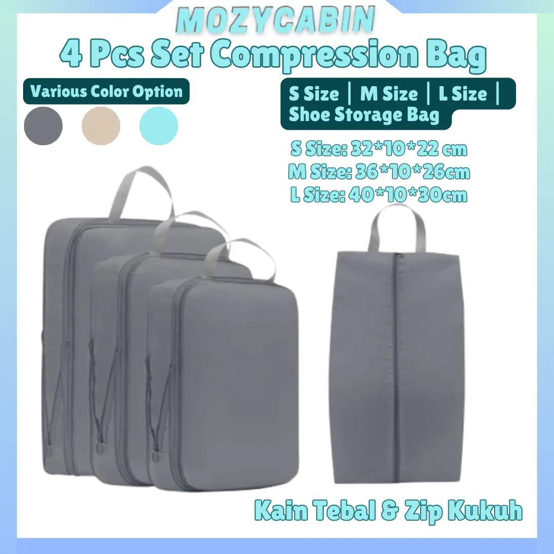 4PCS Set Travel Compression Bag Luggage Organizer Travel Pouch Packing Cubes for Travel Bag Organizer Travel Storage Bag Suitcase Travel Essentials Lightweight Kain Waterproof Zipper Beg Penyimpanan Baju Pakaian Pembungkusan Jimat Ruang