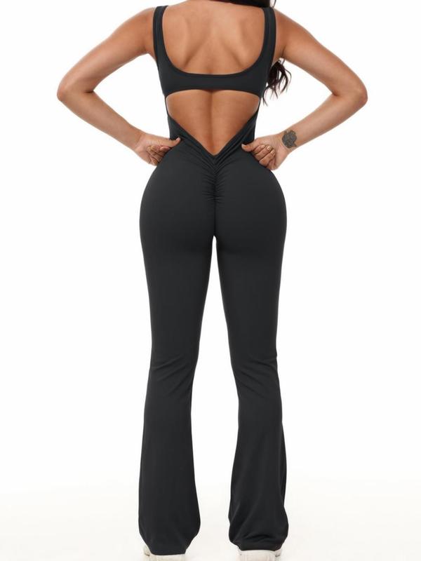Women's Solid Cut Out Backless Ruched Tank Jumpsuit, Casual Fashion Scoop Neck Sleeveless Jumpsuit for Daily Outdoor Wear, Ladies Clothes for All Seasons 4