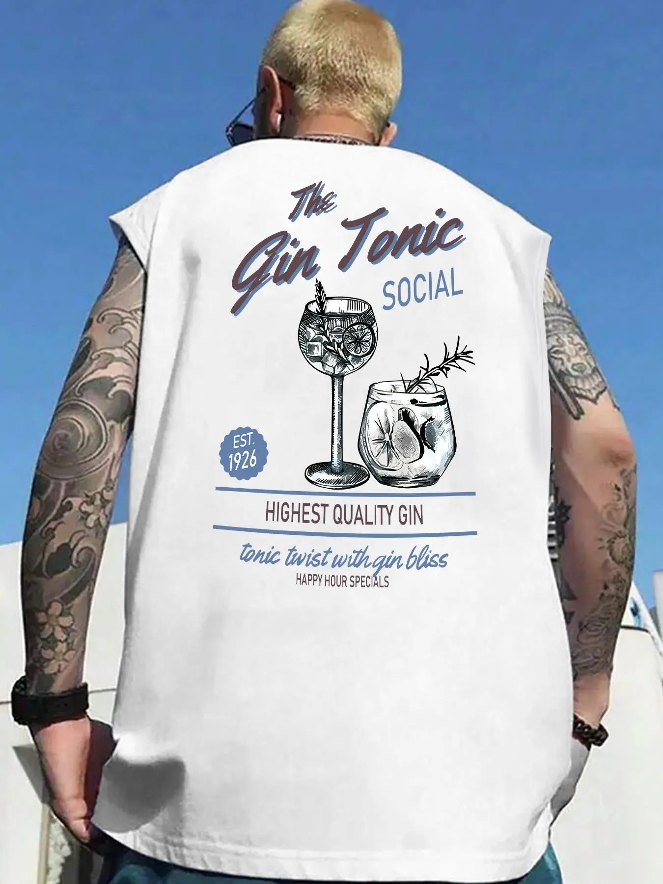 Men's Cartoon Gin & Tonic Social Letter Print Vest, Loose Casual Comfy Sleeveless Top for Summer, Men's Clothes for Daily Wear, Tshirt