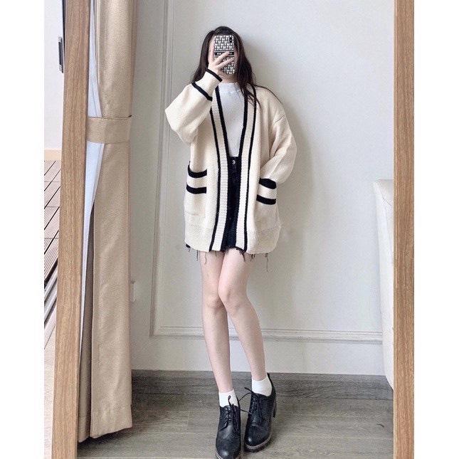 Áo khoác cardigan viền túi đen trắng chất liệu Nỉ bông Nữ Top