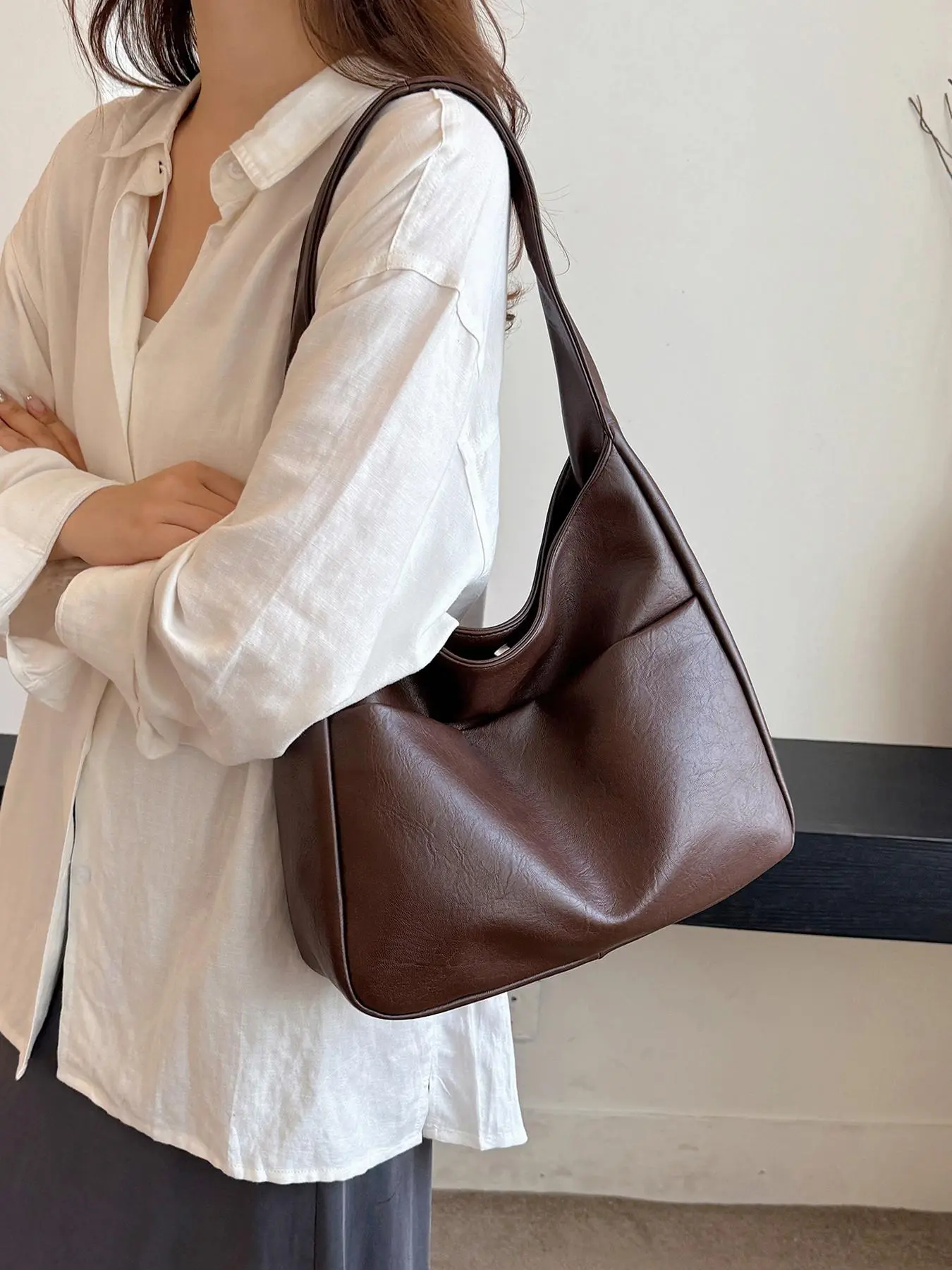 Women's Solid Color Tote Bag, Fashionable Large Capacity Shoulder Bag for Women for Work & Daily Life, Casual Trendy Versatile Vintage Commuting Bag
